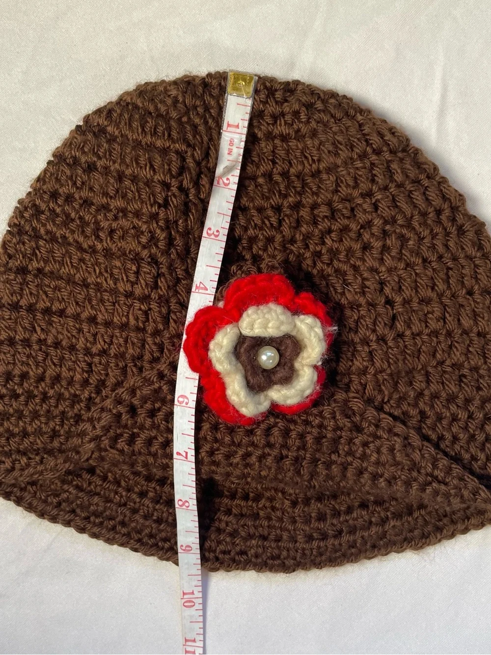 VTG Inspired Handmade Brown Crochet Cloche Hat with Flower Pearl Button Accent